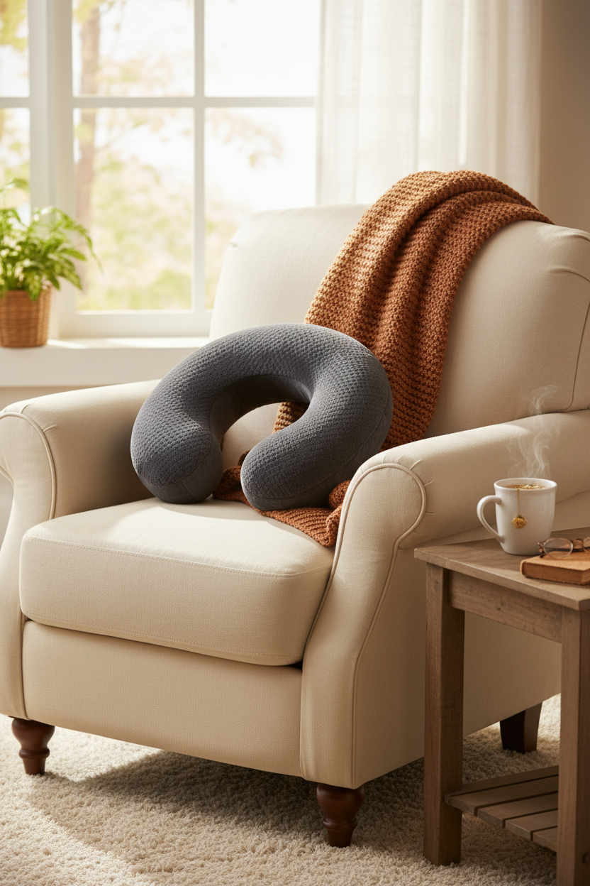 Shiatsu neck and shoulder massage pillow in a cozy wellness lifestyle setting