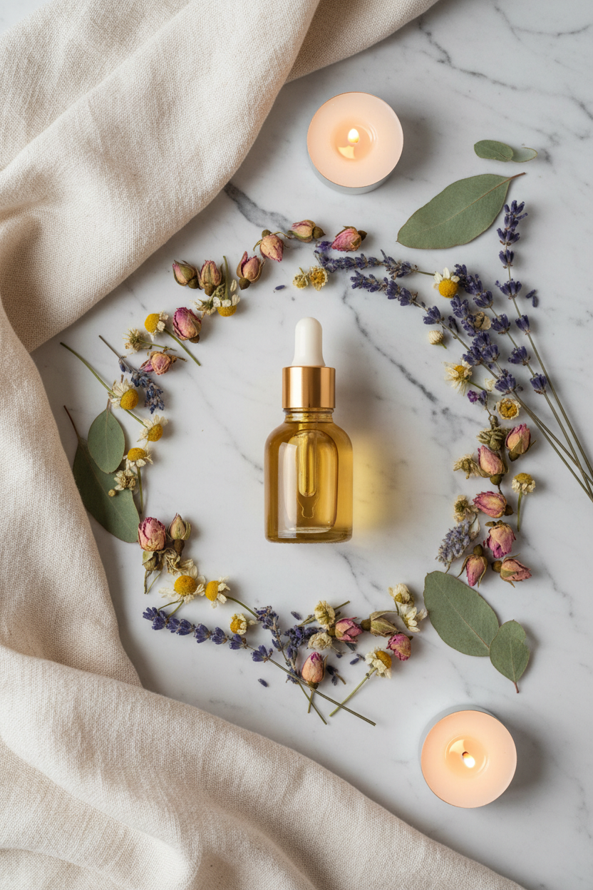 Essential oil bottle with dried botanicals and candlelight in a luxurious self-care flat lay