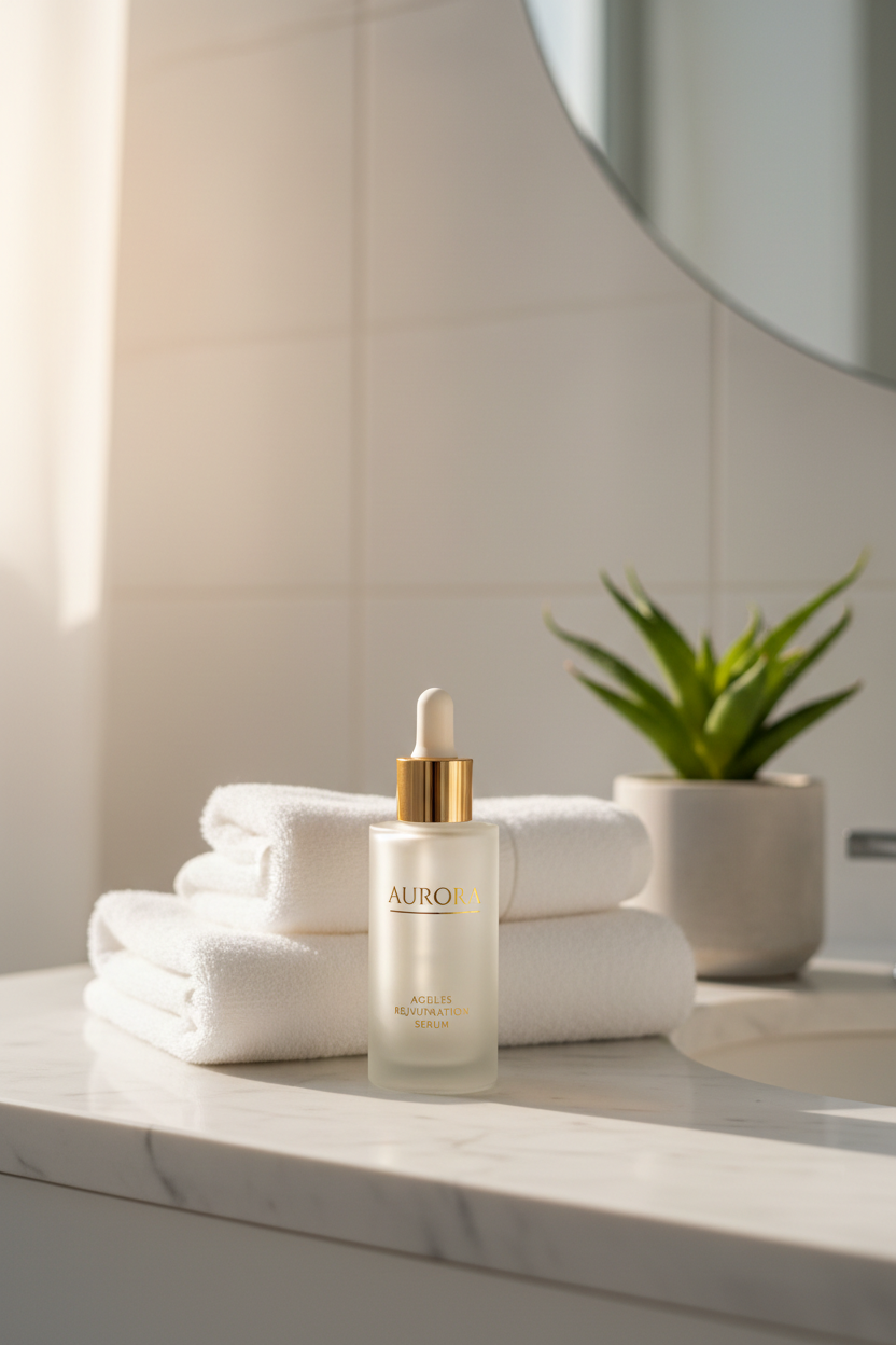 Anti-aging serum bottle on a bathroom vanity with soft morning light and fresh white towels